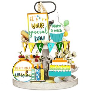 BBTO 12 Pieces Birthday Tiered Tray Decor Farmhouse Tiered Tray Decor for Birthday Decor Colorful Birthday Party Supplies Wooden Happy Bday Table Decorations