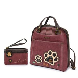 chala handbags paw prints convertible backpack purse and double fold wallet bundle- dog lovers, burgundycolor