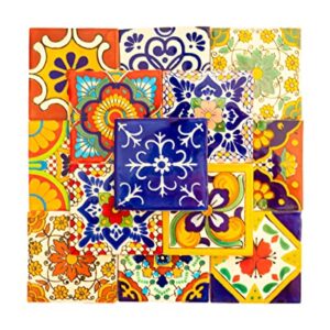 Mexican Talavera Tile Spanish Mediterranean Art Colorful 4"x4" Ceramic Hand Painted Mosaic for Bathroom, Wall, Mirror, Kitchen Rustic Decor Pottery (20, Multi 2)