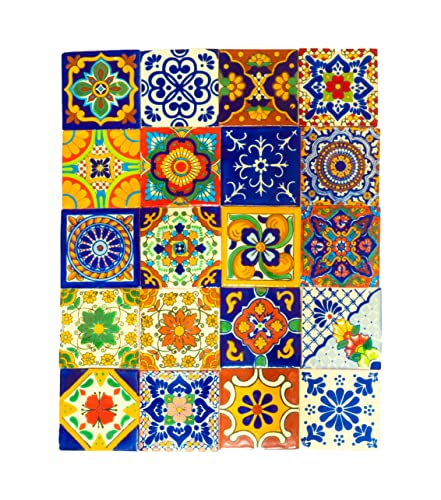 Mexican Talavera Tile Spanish Mediterranean Art Colorful 4"x4" Ceramic Hand Painted Mosaic for Bathroom, Wall, Mirror, Kitchen Rustic Decor Pottery (20, Multi 2)