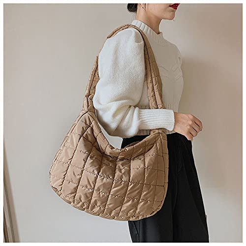 Women's Quilted Shoulder Bag Lightweight Tote Bag Soft Crossbody Bag Large Capacity Handbag Purse (khaki)