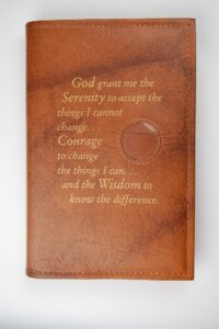 alcoholics anonymous aa big book cover serenity prayer & medallion holder tan