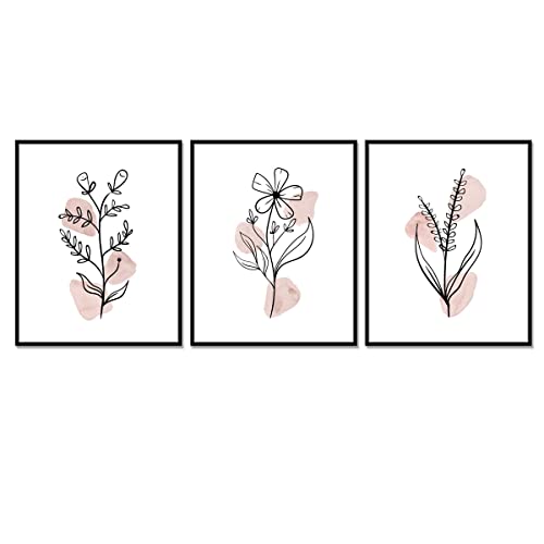 Boho Botanical Prints, Set of 3, Gallery Wall Art, Blush Pink Wild Flowers, Abstract Black Line, Floral Home Decor, Flower Print Set, Floral Line Art, 11x14inch Unframed