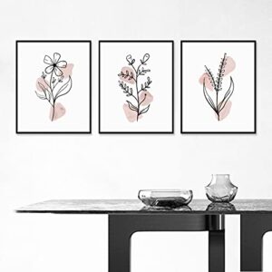 Boho Botanical Prints, Set of 3, Gallery Wall Art, Blush Pink Wild Flowers, Abstract Black Line, Floral Home Decor, Flower Print Set, Floral Line Art, 11x14inch Unframed