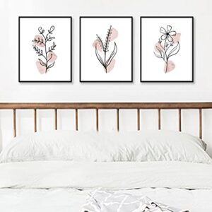 Boho Botanical Prints, Set of 3, Gallery Wall Art, Blush Pink Wild Flowers, Abstract Black Line, Floral Home Decor, Flower Print Set, Floral Line Art, 11x14inch Unframed