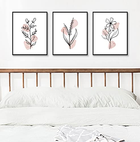 Boho Botanical Prints, Set of 3, Gallery Wall Art, Blush Pink Wild Flowers, Abstract Black Line, Floral Home Decor, Flower Print Set, Floral Line Art, 11x14inch Unframed