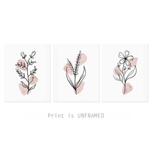 Boho Botanical Prints, Set of 3, Gallery Wall Art, Blush Pink Wild Flowers, Abstract Black Line, Floral Home Decor, Flower Print Set, Floral Line Art, 11x14inch Unframed