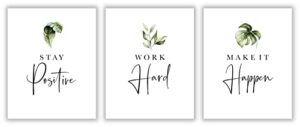 botanical inspirational motivational wall art office decor – unframed set of 3 – 8×10 inch – black and white sage green leaf plant wall art posters for office, positive office decor, inspirational motivational office wall decor posters, office wall art fo