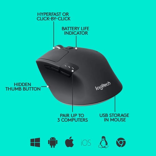 Logitech M720 Wireless Triathlon Mouse with Bluetooth for PC with Hyper-Fast Scrolling and USB Unifying Receiver for Computer and Laptop - Black (Renewed)