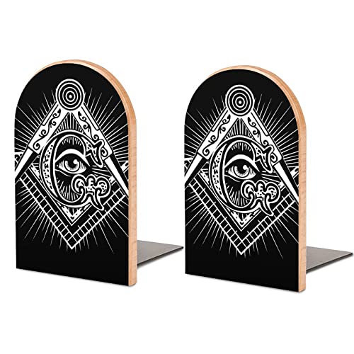 Freemasonry Masonic Masonry Wood Bookends for Shelves Non-Skid Office Book Organizer Stand 1 Pair for Decorative Bookshelf