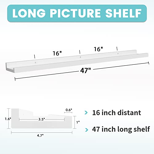 Ochoice Floating Picture Ledge Shelf - 47 inch White Photo Shelves with Lip, Long Wood Bookshelf for Living Room, Bedroom, Nursery, Wall Decor