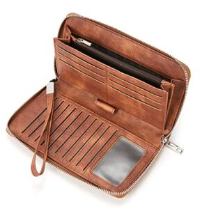 telena leather wallets for women slim zip around wristlet clutch purse large phone holder retro brown