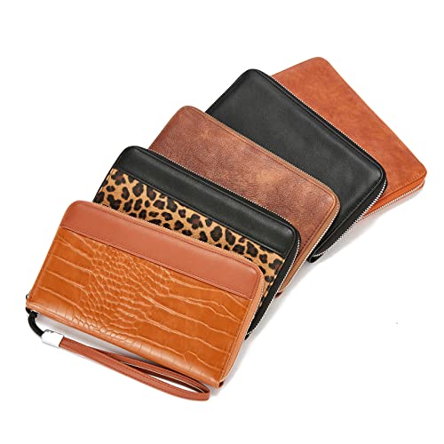 Telena Leather Wallets for Women Slim Zip Around Wristlet Clutch Purse Large Phone Holder Retro Brown