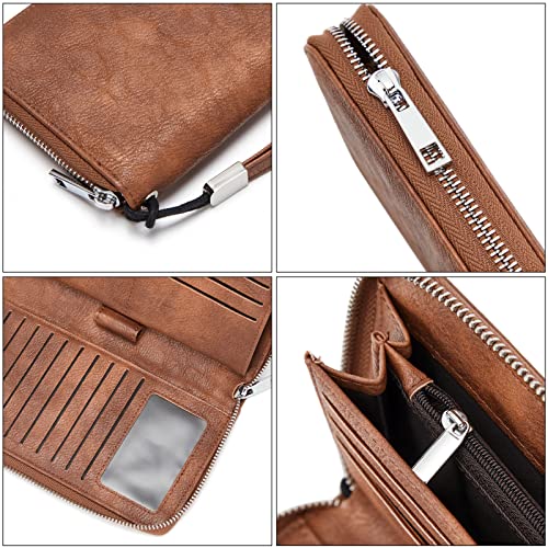 Telena Leather Wallets for Women Slim Zip Around Wristlet Clutch Purse Large Phone Holder Retro Brown