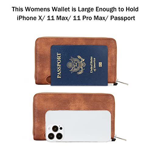 Telena Leather Wallets for Women Slim Zip Around Wristlet Clutch Purse Large Phone Holder Retro Brown