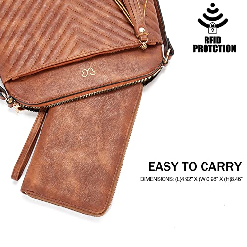 Telena Leather Wallets for Women Slim Zip Around Wristlet Clutch Purse Large Phone Holder Retro Brown