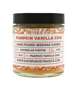 pumpkin vanilla chai hand-poured beeswax candle – all-natural, cotton braided wick, chemical free, smokeless, cleans air, non-toxic, non-polluting, non-allergenic, made in usa