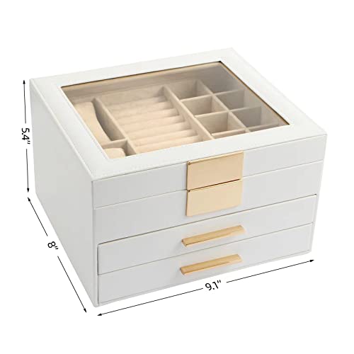 Jewelry Box with Transparent lid, 3-Layer Jewelry Organizer with 2 Drawers, Jewelry Storage Box, Watch Display, Jewelry Organizer, Gift for Loved Ones, White