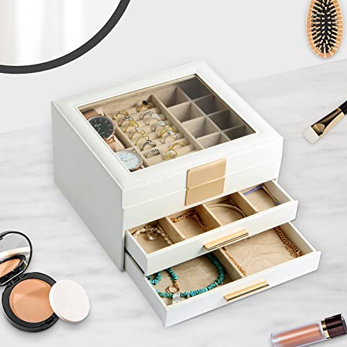 Jewelry Box with Transparent lid, 3-Layer Jewelry Organizer with 2 Drawers, Jewelry Storage Box, Watch Display, Jewelry Organizer, Gift for Loved Ones, White