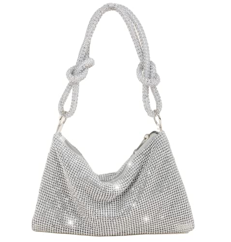 Rhinestone Purse Chic Sparkly Evening Handbags for Women Bling Hobo Bag Shiny Silver Purse for Wedding Party Club