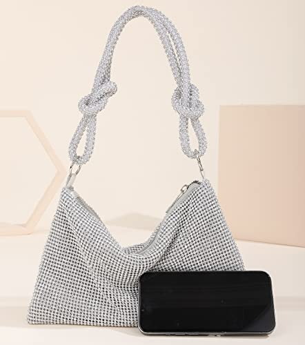 Rhinestone Purse Chic Sparkly Evening Handbags for Women Bling Hobo Bag Shiny Silver Purse for Wedding Party Club