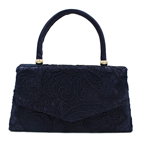 Premium Lace Paisley Floral Fabric Satin Top Handle Clutch Evening Bag Handbag, Navy