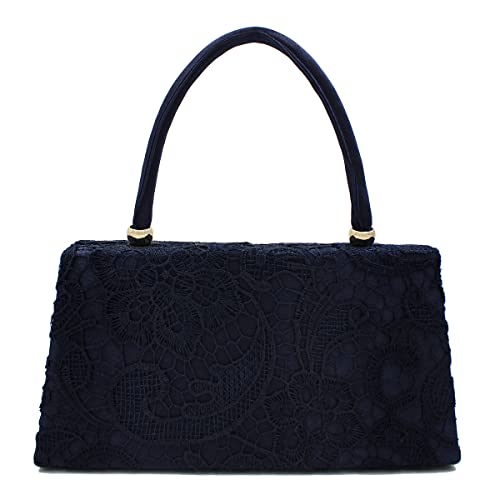 Premium Lace Paisley Floral Fabric Satin Top Handle Clutch Evening Bag Handbag, Navy