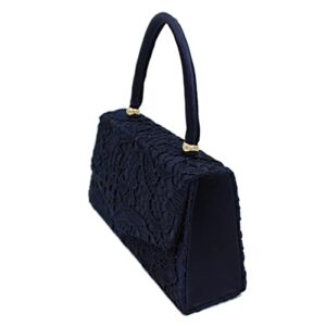 Premium Lace Paisley Floral Fabric Satin Top Handle Clutch Evening Bag Handbag, Navy