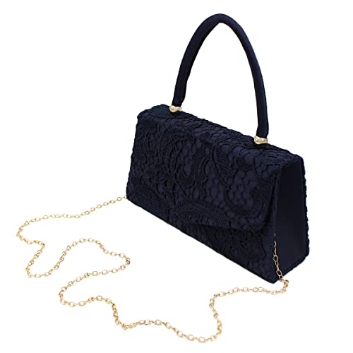 Premium Lace Paisley Floral Fabric Satin Top Handle Clutch Evening Bag Handbag, Navy