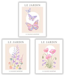 le jardin posters for room aesthetic – unframed set of 3 (12×16 inch) danish pastel room decor, butterfly wall art, boho wall decor, room decor aesthetic, flower market posters, purple butterfly pink poppy artsy poster prints for living room bedroom by za
