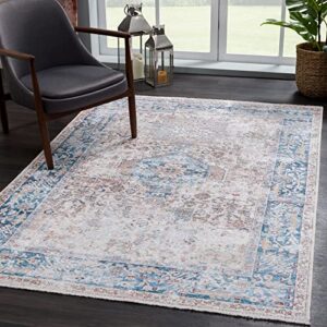 bloom rugs caria washable non-slip 5×7 rug – beige/ocean blue area rug for living room, bedroom, dining room and kitchen – exact size: 5′ x 7′