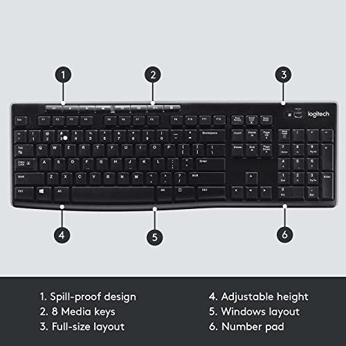 Logitech K270 Wireless Keyboard for Windows, 2.4 GHz Wireless, Full-Size, Number Pad, 8 Multimedia Keys, 2-Year Battery Life, Compatible with PC, Laptop