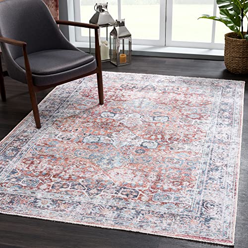 Bloom Rugs Caria Washable Non-Slip 4x6 Rug - Brick/Dark Blue Area Rug for Living Room, Bedroom, Dining Room and Kitchen - Exact Size: 4' x 6'