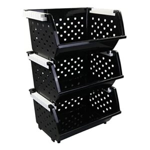 farmoon 3 pack plastic stackable organizer basket, stacking storage bin open front, black