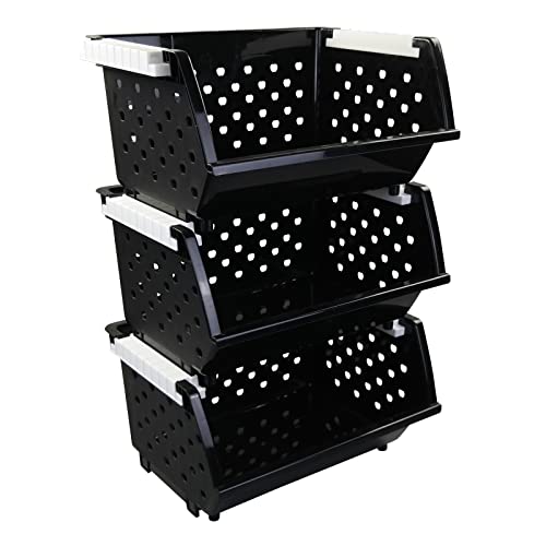 Farmoon 3 Pack Plastic Stackable Organizer Basket, Stacking Storage Bin Open Front, Black