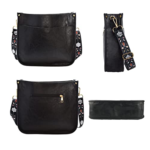 KlaOYer 2 Adjustable Strap Crossbody Bags Women Guitar Strap Purse Vegan Handbags Soft Shoulder Bag For Women (Black)