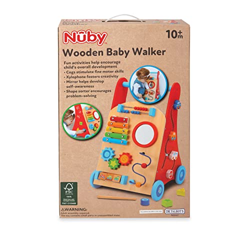 Nuby Wooden Baby Walker with Interactive Features for Early Development, Promotes Walking, Motor Skills, and Creativity