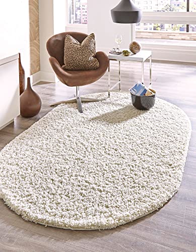 Rugs.com - Über Cozy Solid Shag Collection Rug – 5' x 8' Oval Pure Ivory Shag Rug Perfect for Living Rooms, Large Dining Rooms, Open Floorplans