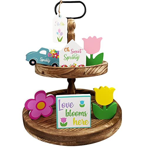 7 Pieces Hello Spring Tiered Tray Decorations Easter Tray Decor Spring Wooden Table Sign for Spring Home Decorations (Spring Style)