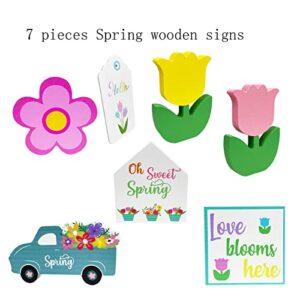 7 Pieces Hello Spring Tiered Tray Decorations Easter Tray Decor Spring Wooden Table Sign for Spring Home Decorations (Spring Style)