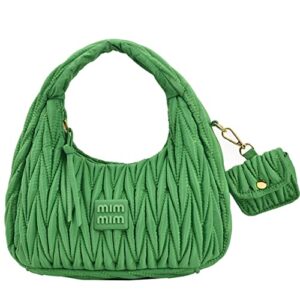 quilted nylon hobo handbag purse pleated thread design clutch purse bags for women cute trendy tote with coin purse (green)