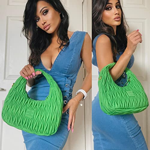 Quilted Nylon Hobo Handbag Purse Pleated Thread Design Clutch Purse Bags For Women Cute Trendy Tote With Coin Purse (Green)