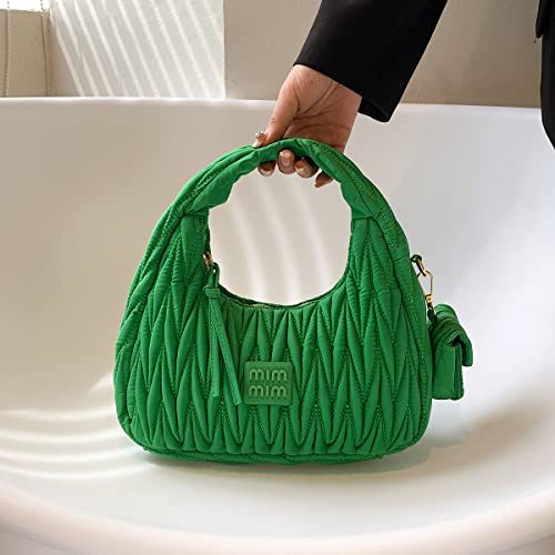 Quilted Nylon Hobo Handbag Purse Pleated Thread Design Clutch Purse Bags For Women Cute Trendy Tote With Coin Purse (Green)