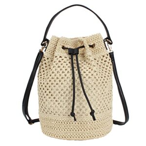 van caro straw shoulder bag straw tote straw crossbody bag handwoven drawstring bucket bag beach bag for women,beige