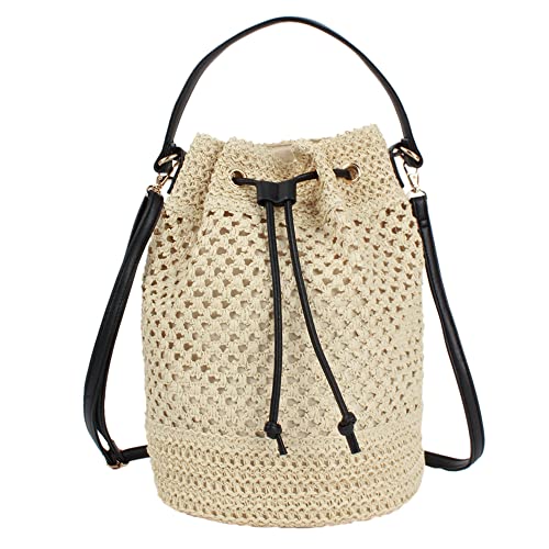 Van Caro Straw Shoulder Bag Straw Tote Straw Crossbody Bag Handwoven Drawstring Bucket Bag Beach Bag for Women,Beige