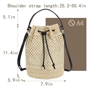 Van Caro Straw Shoulder Bag Straw Tote Straw Crossbody Bag Handwoven Drawstring Bucket Bag Beach Bag for Women,Beige