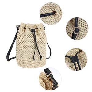 Van Caro Straw Shoulder Bag Straw Tote Straw Crossbody Bag Handwoven Drawstring Bucket Bag Beach Bag for Women,Beige