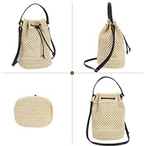 Van Caro Straw Shoulder Bag Straw Tote Straw Crossbody Bag Handwoven Drawstring Bucket Bag Beach Bag for Women,Beige