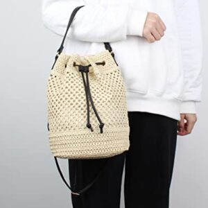 Van Caro Straw Shoulder Bag Straw Tote Straw Crossbody Bag Handwoven Drawstring Bucket Bag Beach Bag for Women,Beige