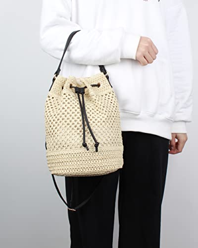 Van Caro Straw Shoulder Bag Straw Tote Straw Crossbody Bag Handwoven Drawstring Bucket Bag Beach Bag for Women,Beige